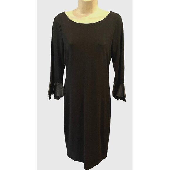 Alice + Olivia Black Faux Leather Trim 3/4 Ruffle Sleeve Midi Dress - Picture 2 of 10